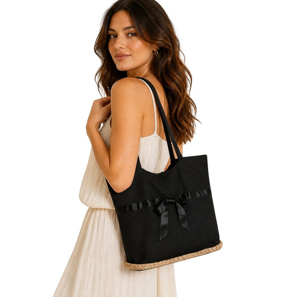 Murval Black Canvas Tote Bag Ribbon Bow Lace Detail Boho Rubber Bottom